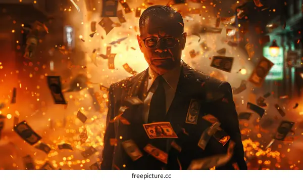 A man in a suit standing in a room full of money