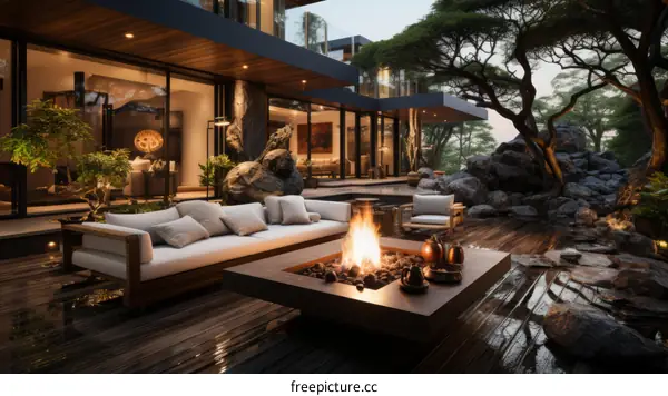 Modern Asian house exterior with garden and fire pit