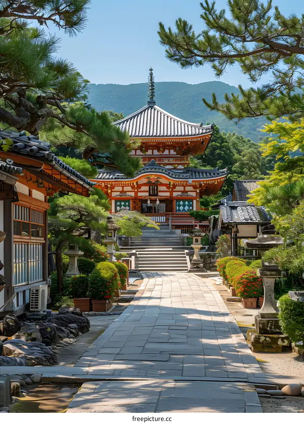 Stone Path Leading to Japanese Temple