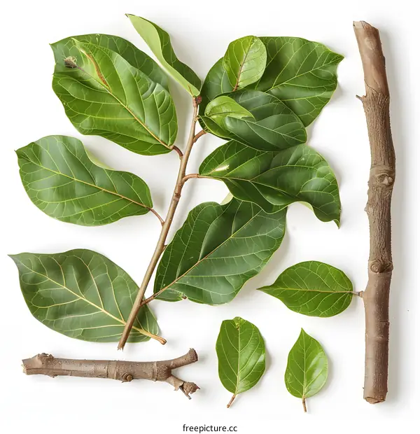 Green Leaves and Branches on White Background