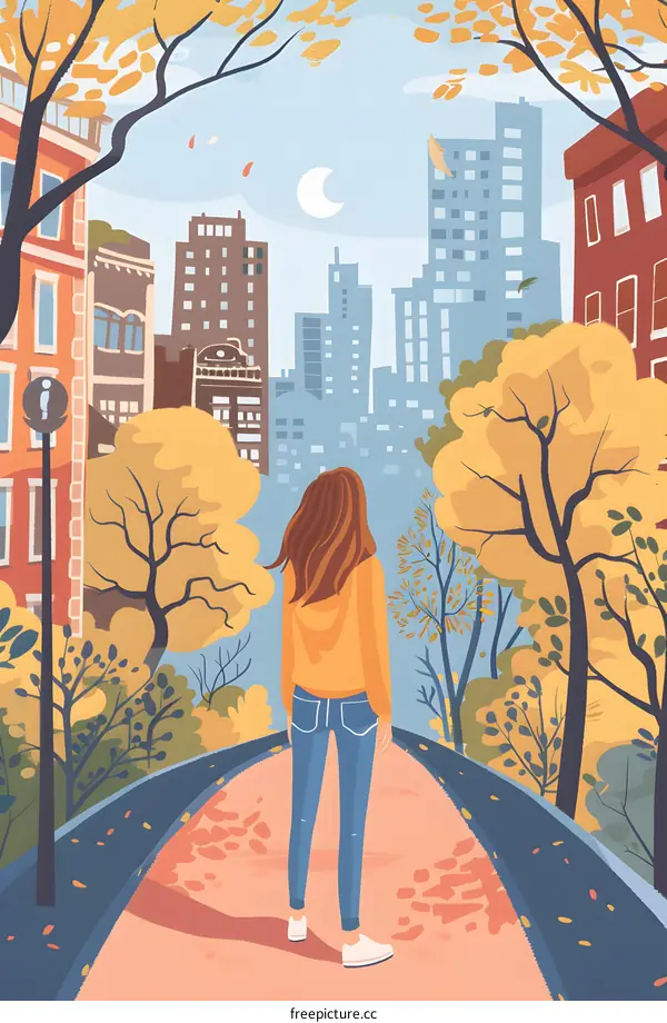 Woman Walking Through a Park With a Cityscape in the Background