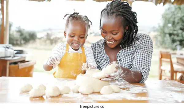 Mother and Child Enjoying a Fun Baking Session Outdoors