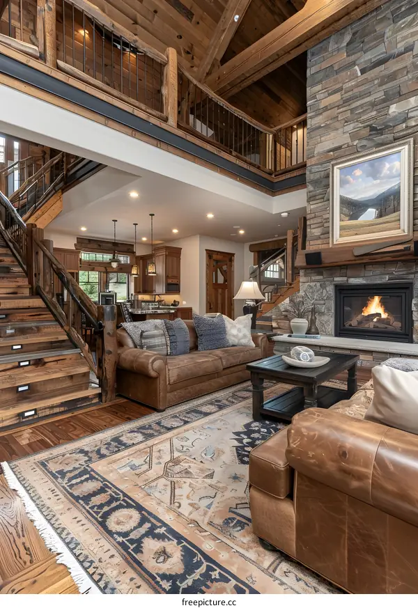 Rustic living room with stone fireplace and wood accents