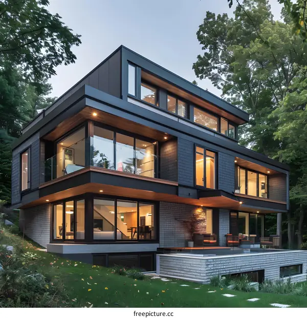 Modern House with Large Windows and a Wooden Deck