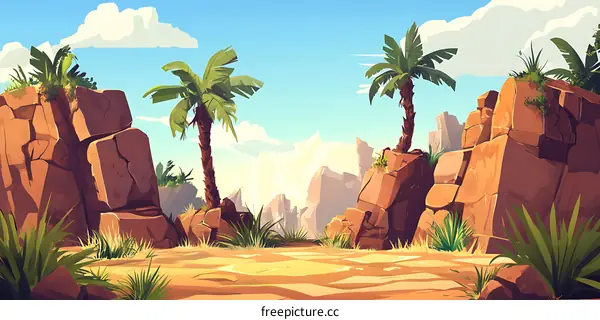 Cartoon Desert Landscape With Palm Trees
