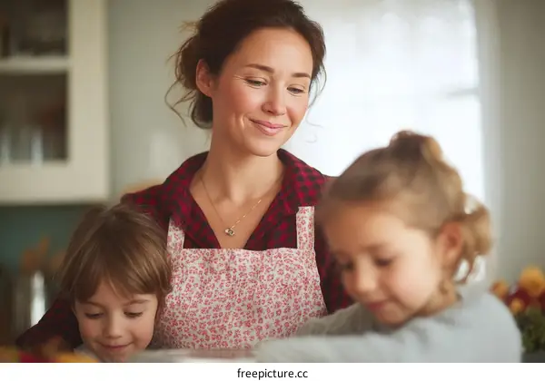 Mother and Children Cooking Together in Kitchen