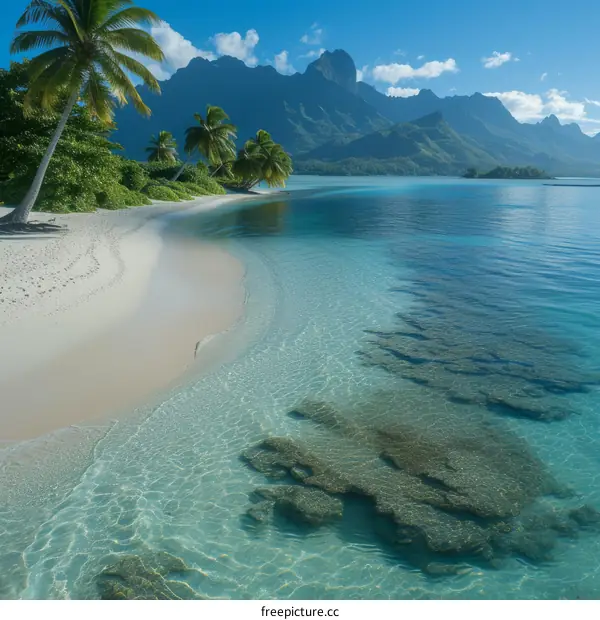 Beach with palm trees and mountains in the background