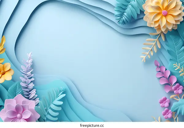 Blue Background With Paper Flowers And Leaves