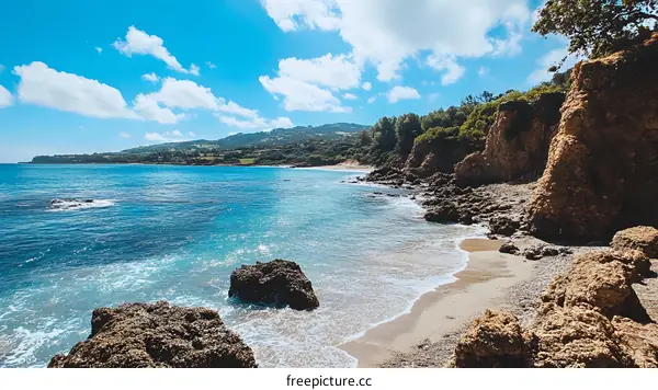 Secluded Beach with Clear Blue Waters and Rocky Coast