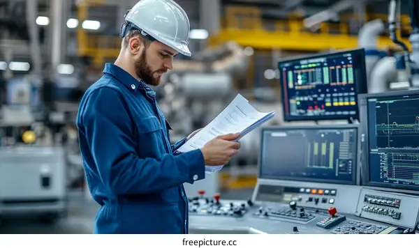 Factory Worker Reviewing Documents in a Manufacturing Facility