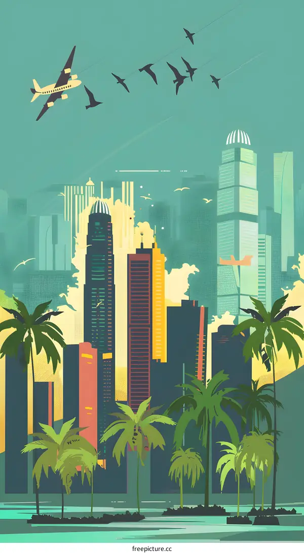 Palm Trees and Skyscrapers Cityscape Illustration