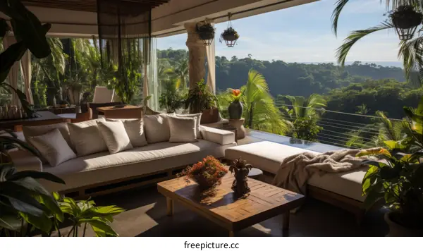 Modern living room with large windows overlooking a tropical landscape