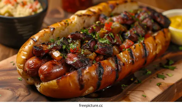 A hot dog topped with a variety of ingredients, including bacon, peppers, and onions