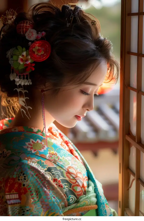 Beautiful Japanese Woman in Traditional Kimono with Red Flowers in Her Hair