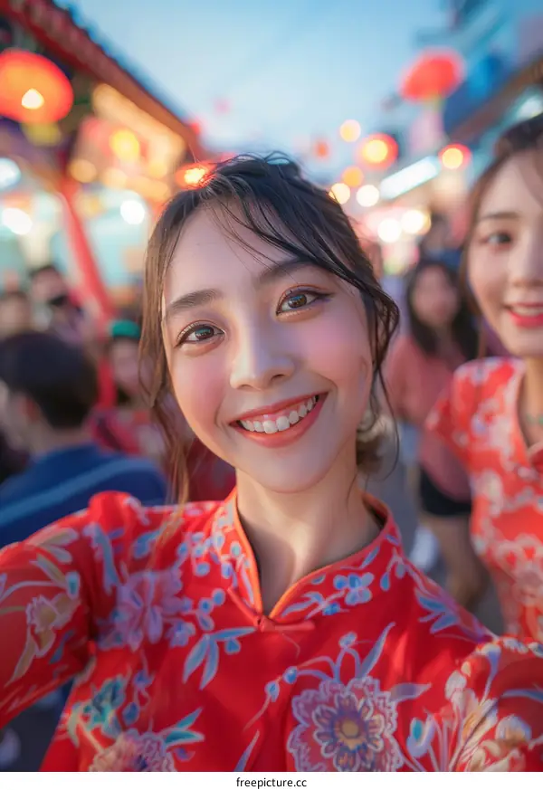 Portrait of a young Chinese woman in traditional clothing smiling at the camera