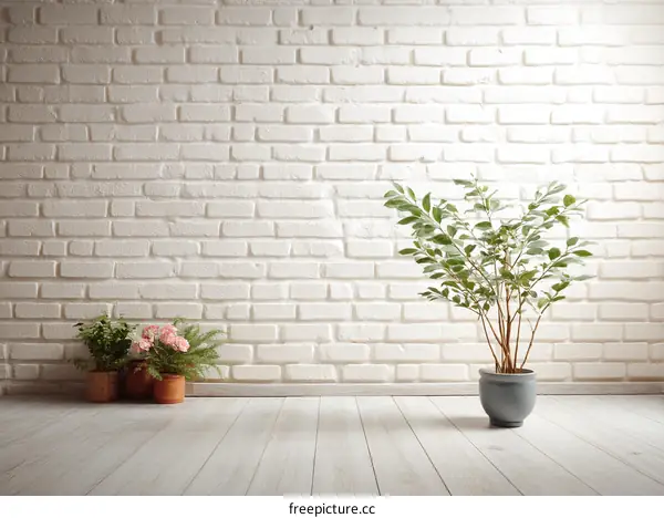 White Brick Wall with Potted Plant and Flowers