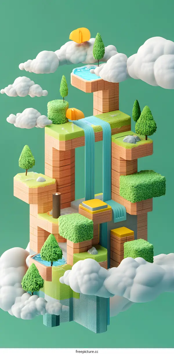 3D Illustration of a Small Floating Island with a Waterfall