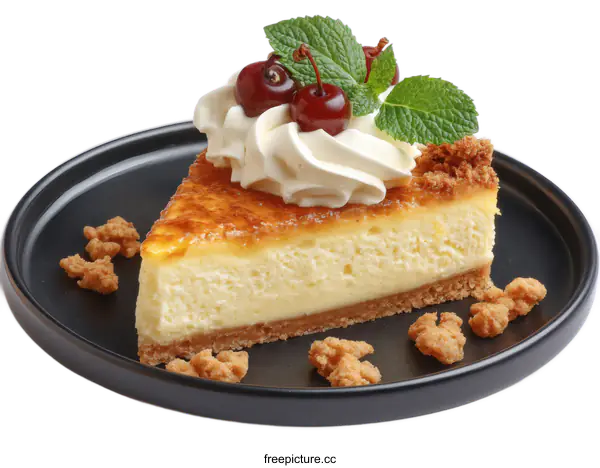 [Transparent Background PNG]Delicious Piece of Caramel Cheesecake with Whipped Cream and Cherries