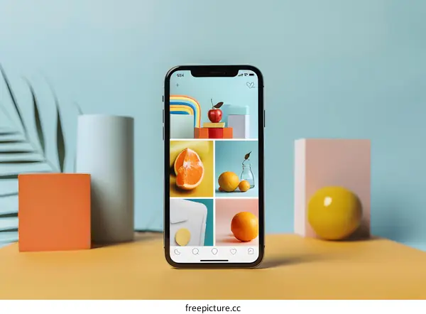 Smartphone with Social Media App on the Screen and Colorful Props