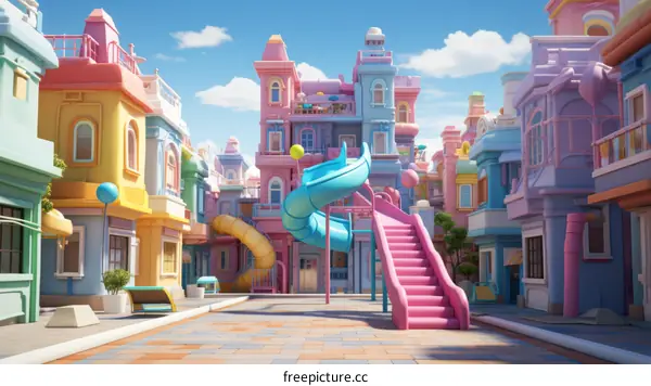 A colorful and whimsical 3D illustration of a street with pastel-colored buildings and a playground in the center