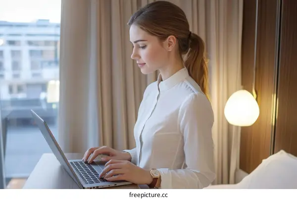 Woman Working on Laptop in Hotel Room