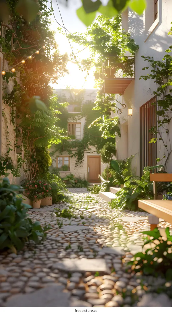 Cobblestone Pathway Through Lush Greenery in a European Town
