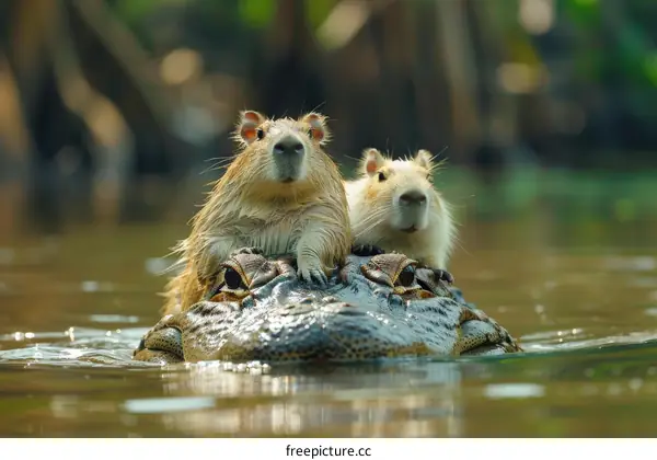 Two capybaras riding on a crocodile