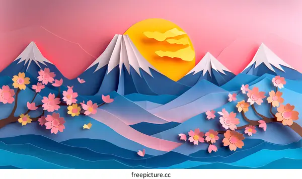 Pink paper cut out illustration of mount Fuji with cherry blossoms