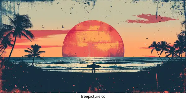 Surfer at Sunset with Palm Trees