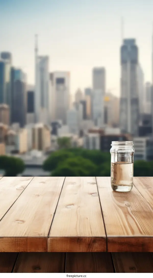 A jar of water on a wooden table with a blurred cityscape in the background