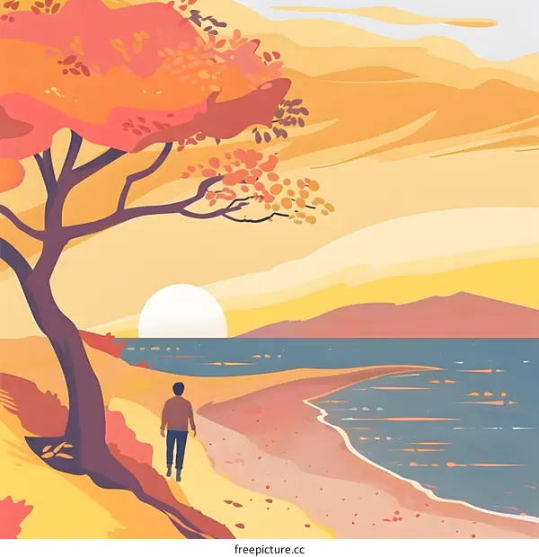 Man Walking on Beach with Sunset and Mountain in Background