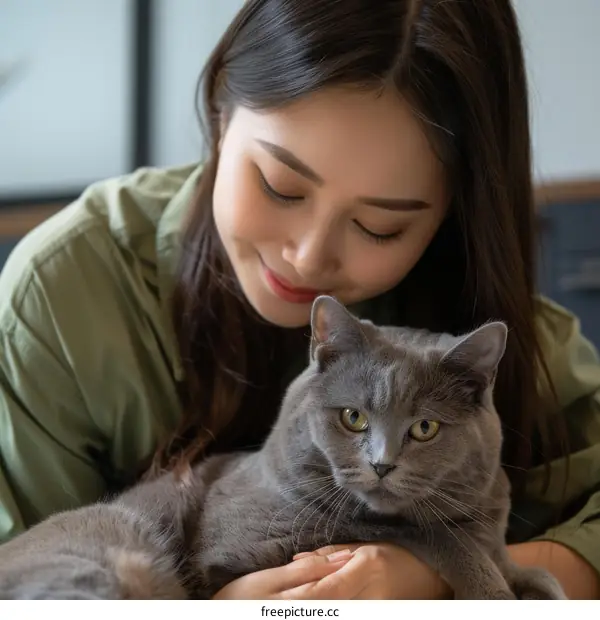 A young woman is hugging a gray cat.