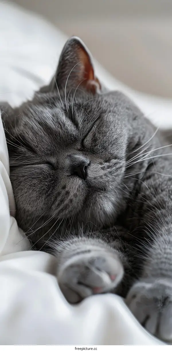 A gray cat is sleeping on a white blanket