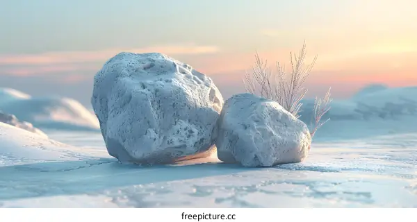 Snowy Landscape with Two Rocks and a Plant