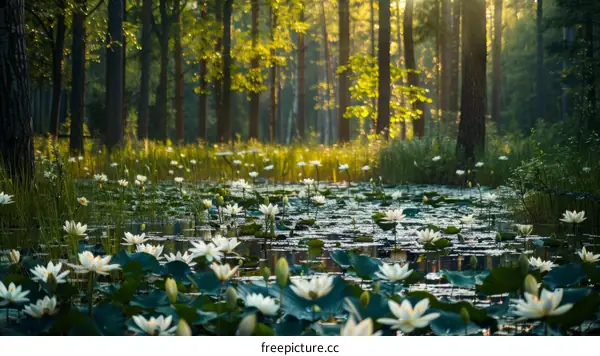 White water lilies in a pond within a green forest