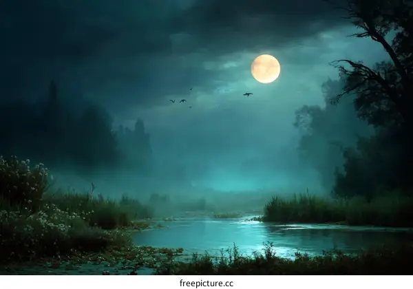 Misty Moonlight Over a Still River