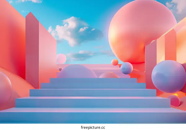 3D Rendering of a Surreal and Pastel-Hued Landscape with Geometric Shapes