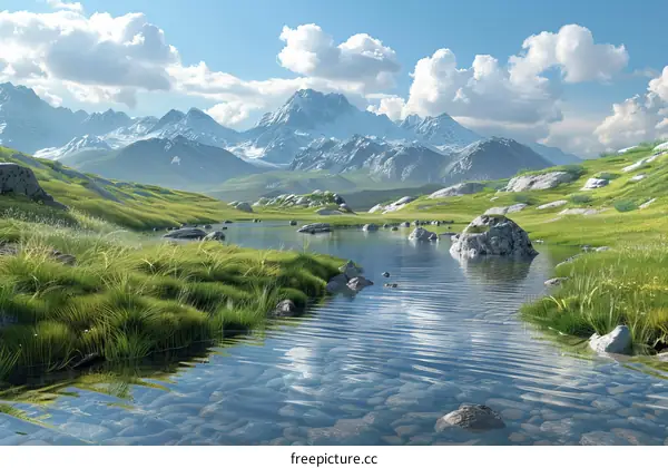 Rocks in a River in Front of a Mountain Range