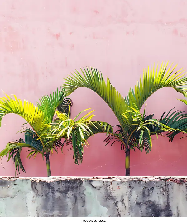 Pink Wall With Green Palm Trees