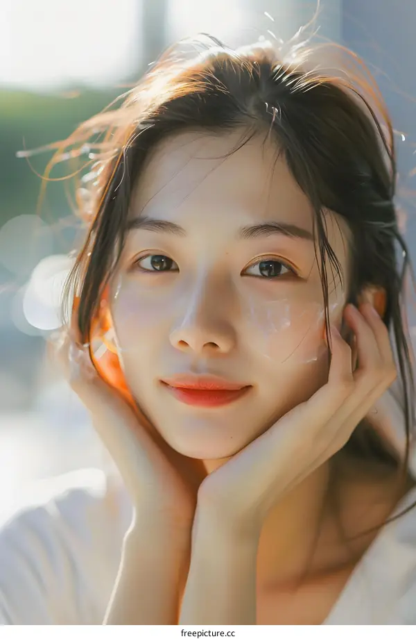 Portrait of a Young Asian Woman with Skin Care Products
