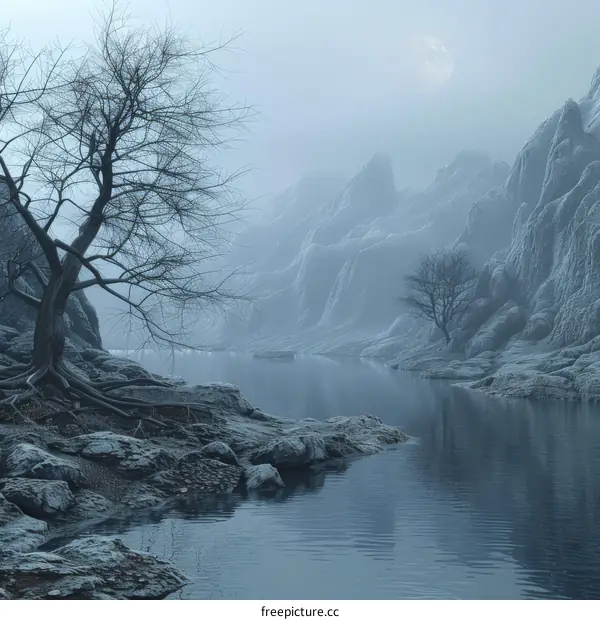 Mystical Mountain Landscape with Lake and Dead Tree under Moonlight