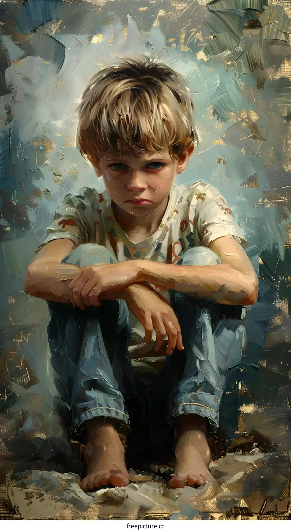 Young Boy Sitting With a Serious Expression