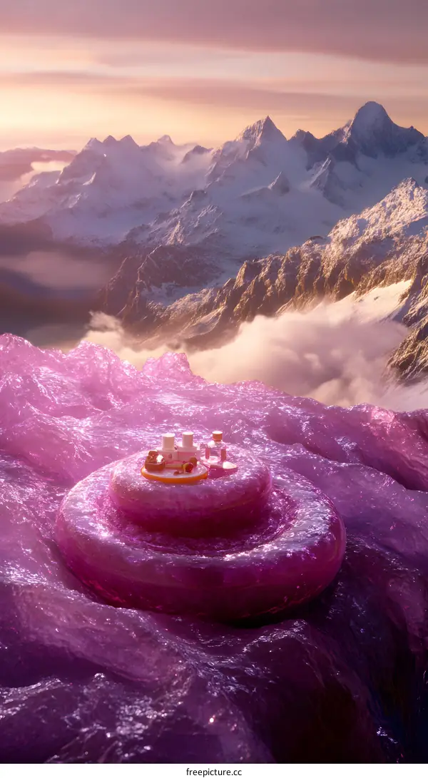 Pink Glass Abstract Mountain Landscape with Bottles