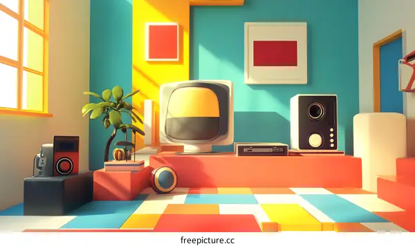 Retro Living Room Interior Design With Colorful Geometric Shapes