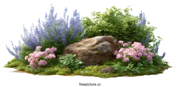 [Transparent Background PNG]Beautiful Garden with Flowers and Rocks