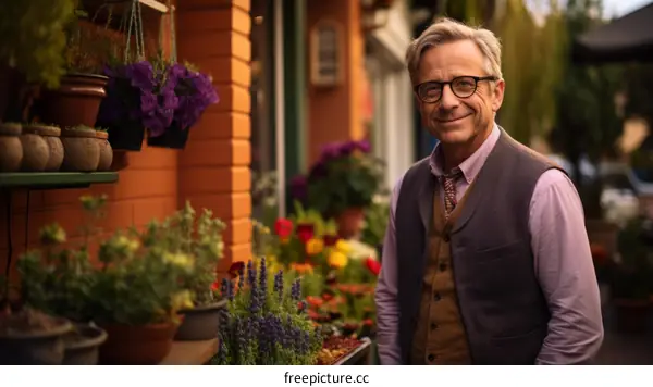 A man standing in front of a flower shop