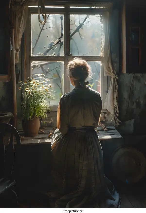 Woman Sitting by Window in Rustic Interior
