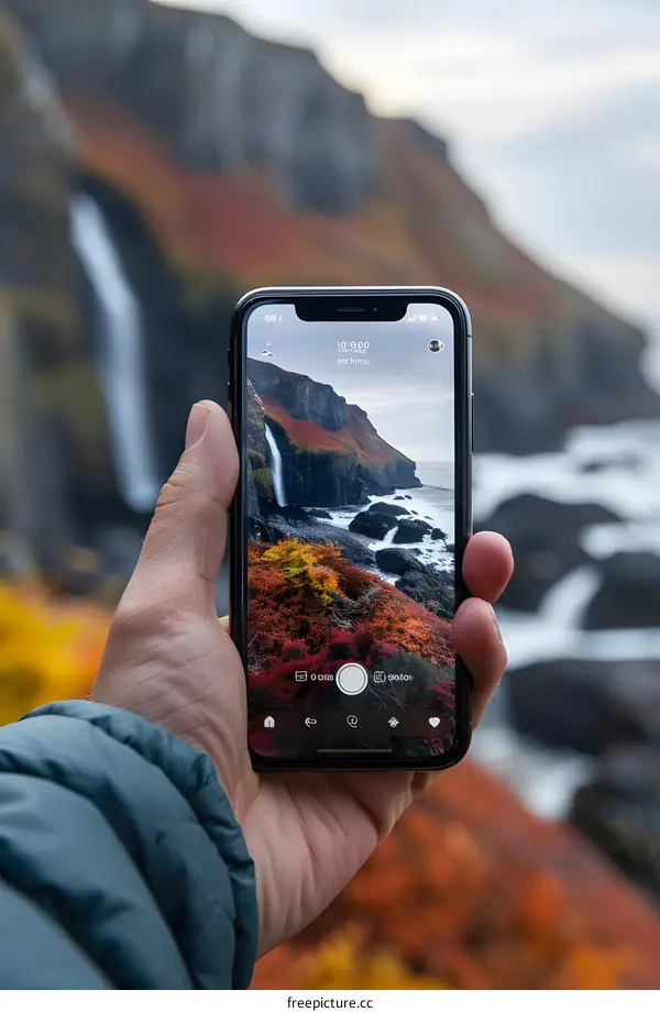 Person Holding Phone Taking a Picture of Waterfall Landscape