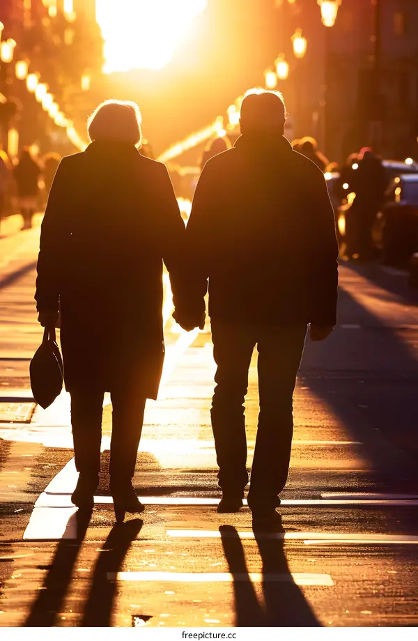 Silhouettes of Couple Holding Hands Walking on the Street in Sunset