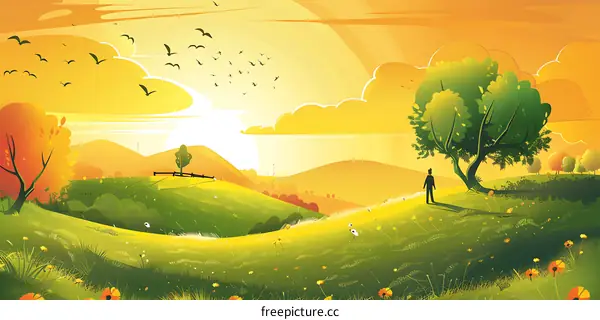 Man Standing In Field With Birds Flying Above